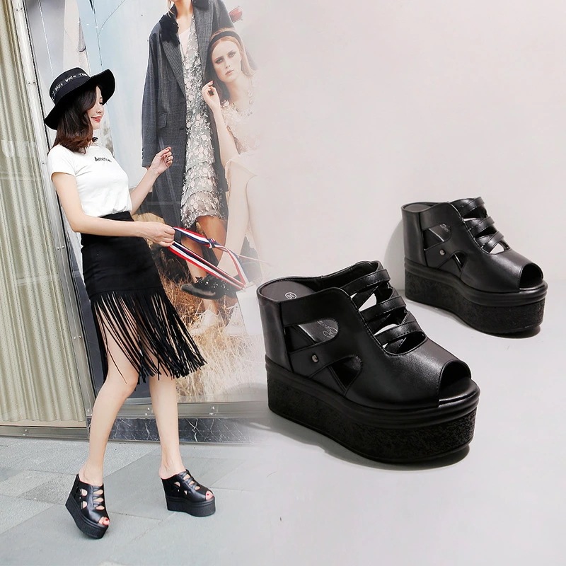 ブラック　ホワイト（12cmヒール ) ミュール ウェッジソール 厚底サンダル サボサンダル レディース コンフォート ビーチ 美脚ハイヒール 安定感 夏 歩きやすい 楽ちん 痛くない カジュアル