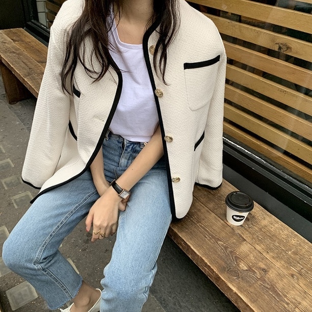 アウター ジャケット 長袖 ラウンドネック 厚手 ツイード かわいい 大人可愛い 無地 春 秋