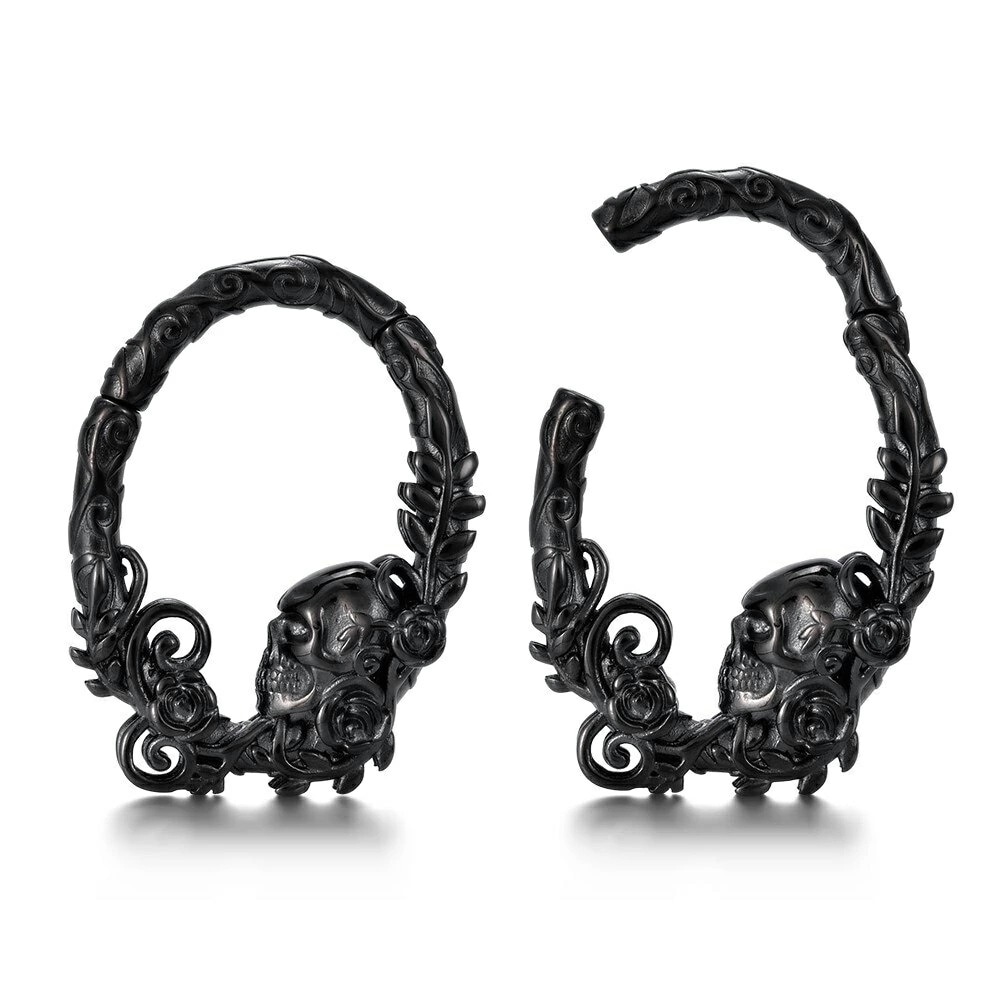 ボディピアス 4G スカルフラワーマグネットクリッカー（ブラック）ヒンジ付 黒色 髑髏 薔薇の花 ドクロ 4ゲージ 装着簡単 ワンタッチ 耳 軟骨 乳首 バラ 磁石 ローズ bc264xxxxxxxx