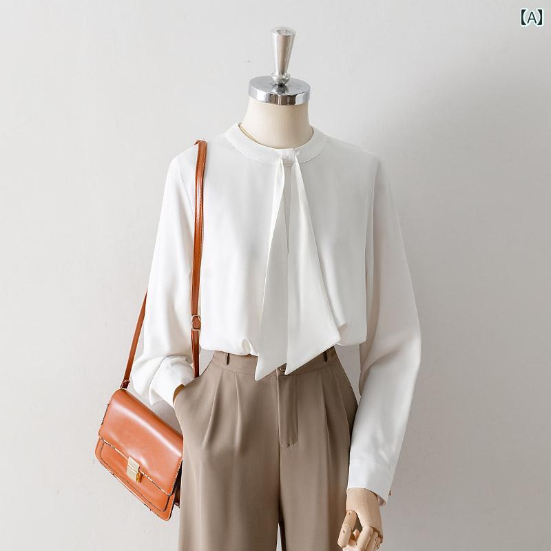 レディース シャツ ブラウス 長袖 春秋 白 ボウタイ エレガントなスカーフネクタイ ラウンドネック シンプル シック プルオーバー 大人スタイル レトロ フレンチ風 モダン ヴィンテージ感