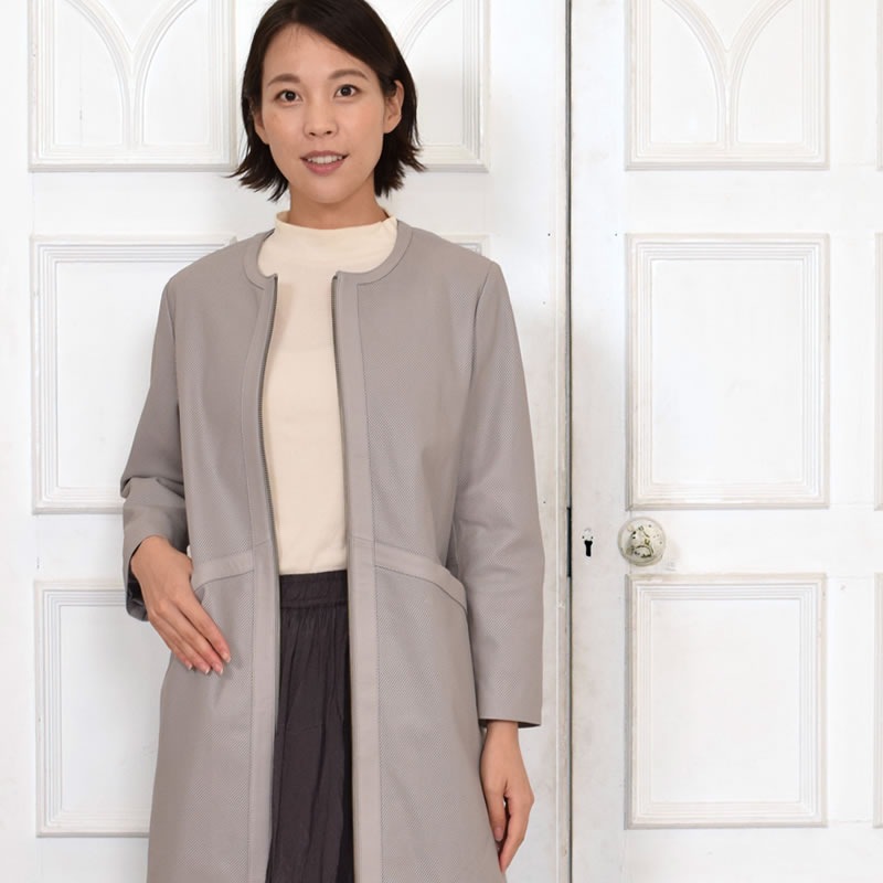 [Merfirge] 本革 ラム レザー パンチング ノーカラー コート (KT8021)