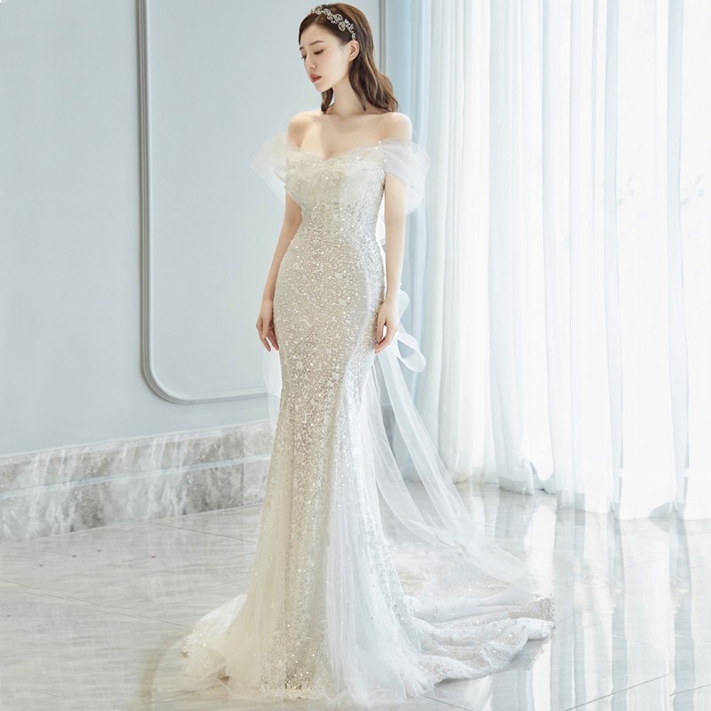 ドレスウェディングドレス 花嫁 結婚式　ドレス パーティードレス 結婚式 フィッシュテールスカート着痩せ一文字肩 セクシー