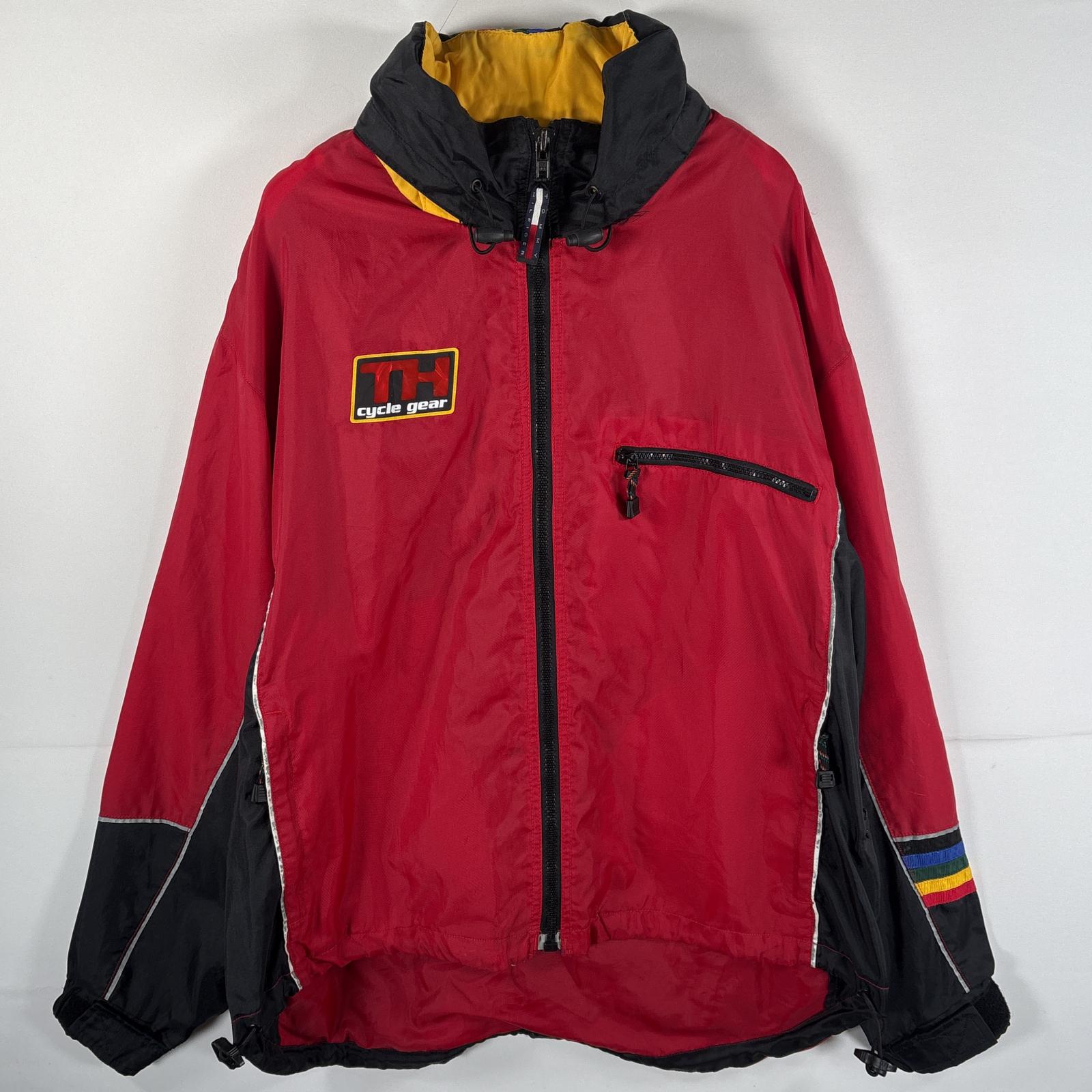 古着 90s/90年代 ナイロンジャケット 収納フード付き サイクルギア ワンポイントロゴ L レッド メンズ