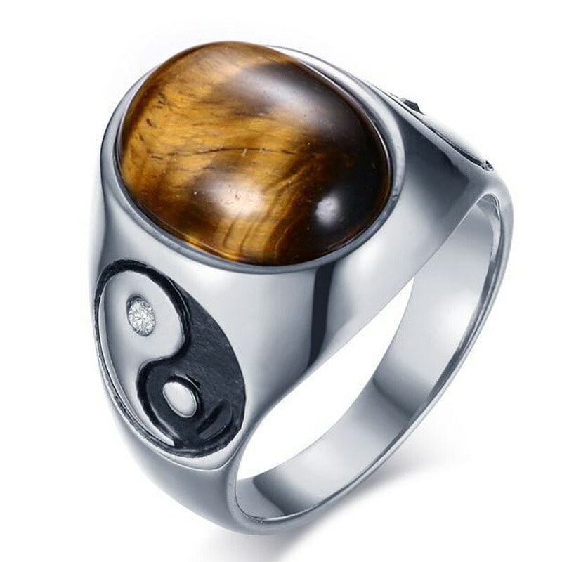 タイガーアイ陰陽ステンレスリング RMT407 指輪 本物 天然石 印台型 プレゼント 上質 女性 誕生日 男性