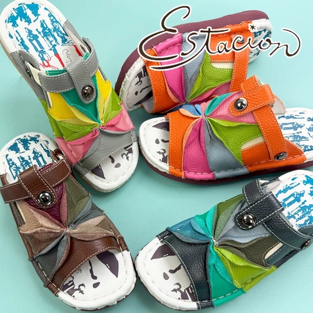 エスタシオン レディース 厚底 サンダル 痛くない スターフラワーモチーフ 2WAY 疲れにくい 本革 コンフォートサンダル 歩きやすい レザーサンダル TGE562 グレー マルチ ブラウン ネイビ