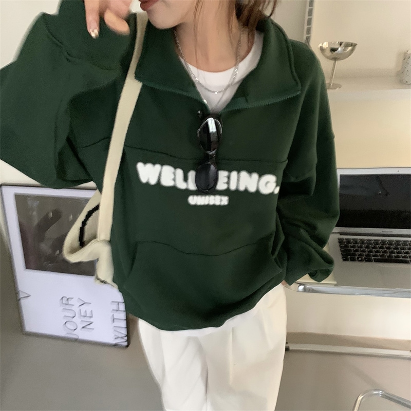 オーバーサイズ 英字ロゴプリント カンガルーポケット ハーフジップアップ トップス プルオーバー 5,375円