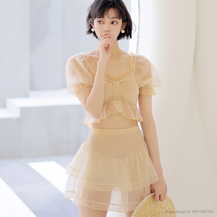 水着 レディース 体型カバー タンキニ 上下セット ビキニ セパレート 半袖 シアー スカート ショートパンツ リゾート 可愛い オトナ女子 20代 30代 パッド付 二の腕 お腹 お尻 太もも