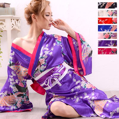 LoveRich 花魁・和装 コスプレ衣装 紫 サテン和柄豪華花魁ミニ着物ドレス 和柄 よさこい 花魁 コスプレ
