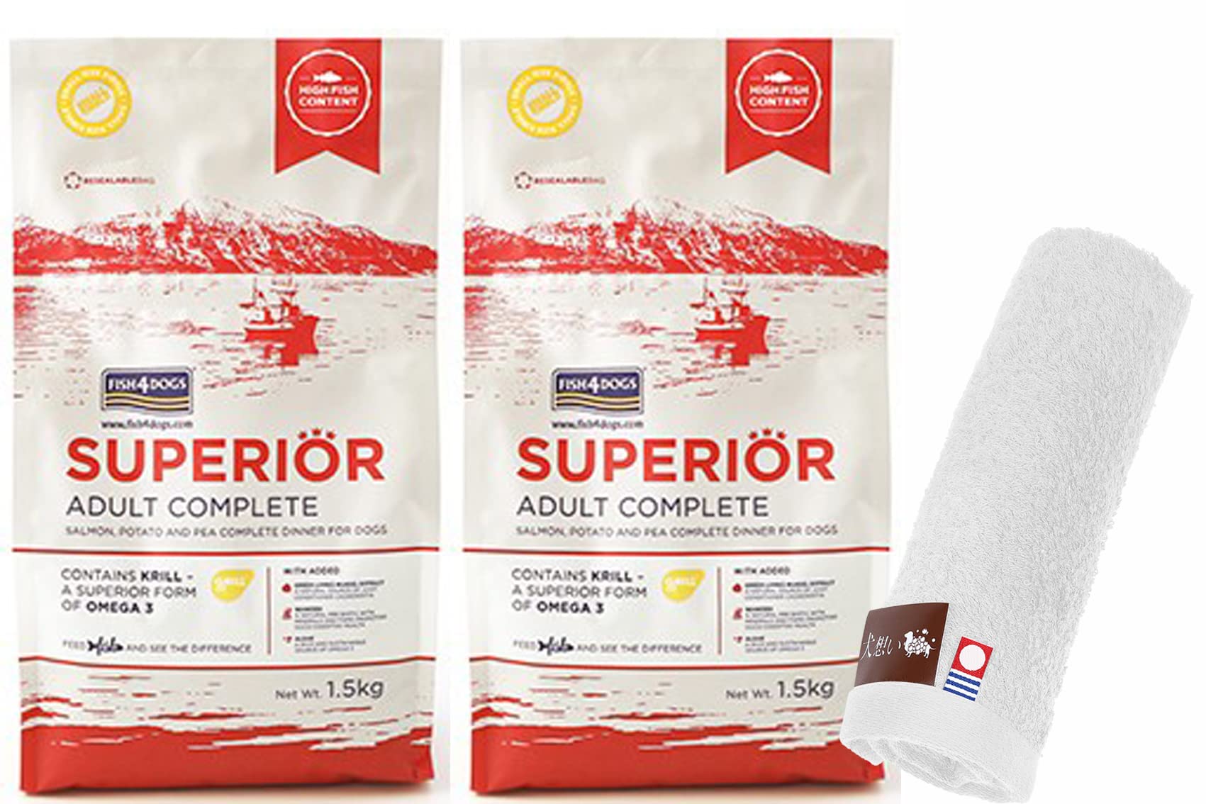 フィッシュ・4 スーペリア アダルト 3kg（1.5kg×2）【犬想いオリジナル今治ハンドタオルセット】【タオルカラー ホワイト】【正規品】