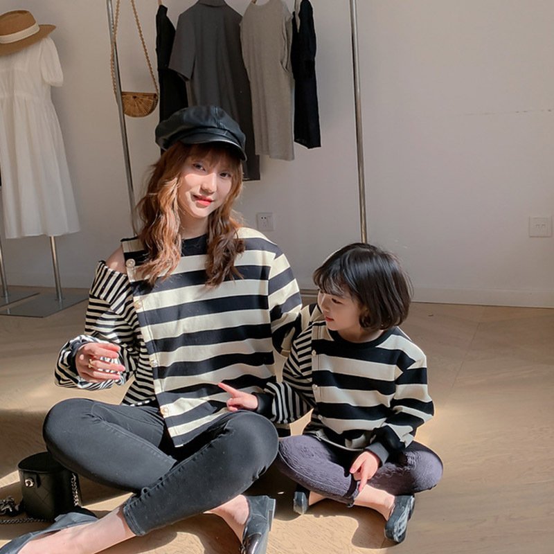 親子コーデ 春夏親子ペアルック親子ワンピース親子ペア親子お揃いストライプ レディース長袖tシャツ韓国