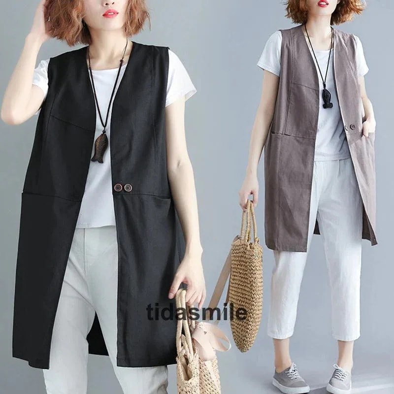 サマーベストショートロングベストレディース スリム ジレ リネン麻ゆったり麻ベスト無地 カジュアル大きいサイズ アウター春 夏 黒ベスト通勤