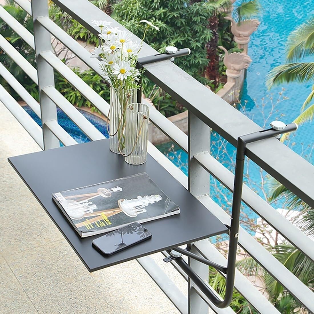 バルコニー手すり用バーテーブル屋外バルコニー手すりサイドテーブルガーデンプランタープラントスタンド(Black)