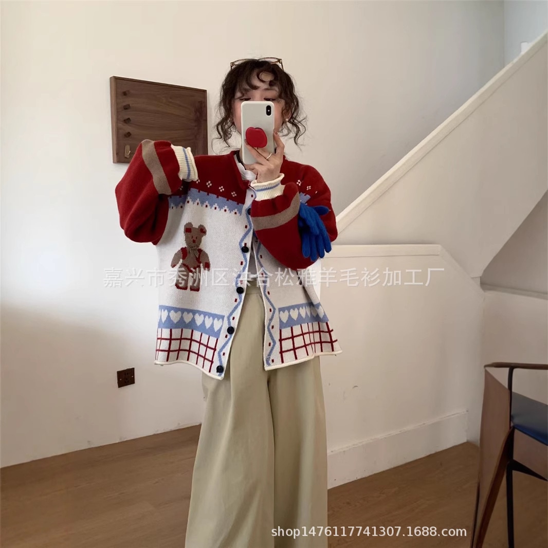 フォレストスタイルのかわいい老化を軽減する漫画のクマのニットカーディガン女性のための秋と冬の新しいルーズシングルブレストセータージャケットトップ