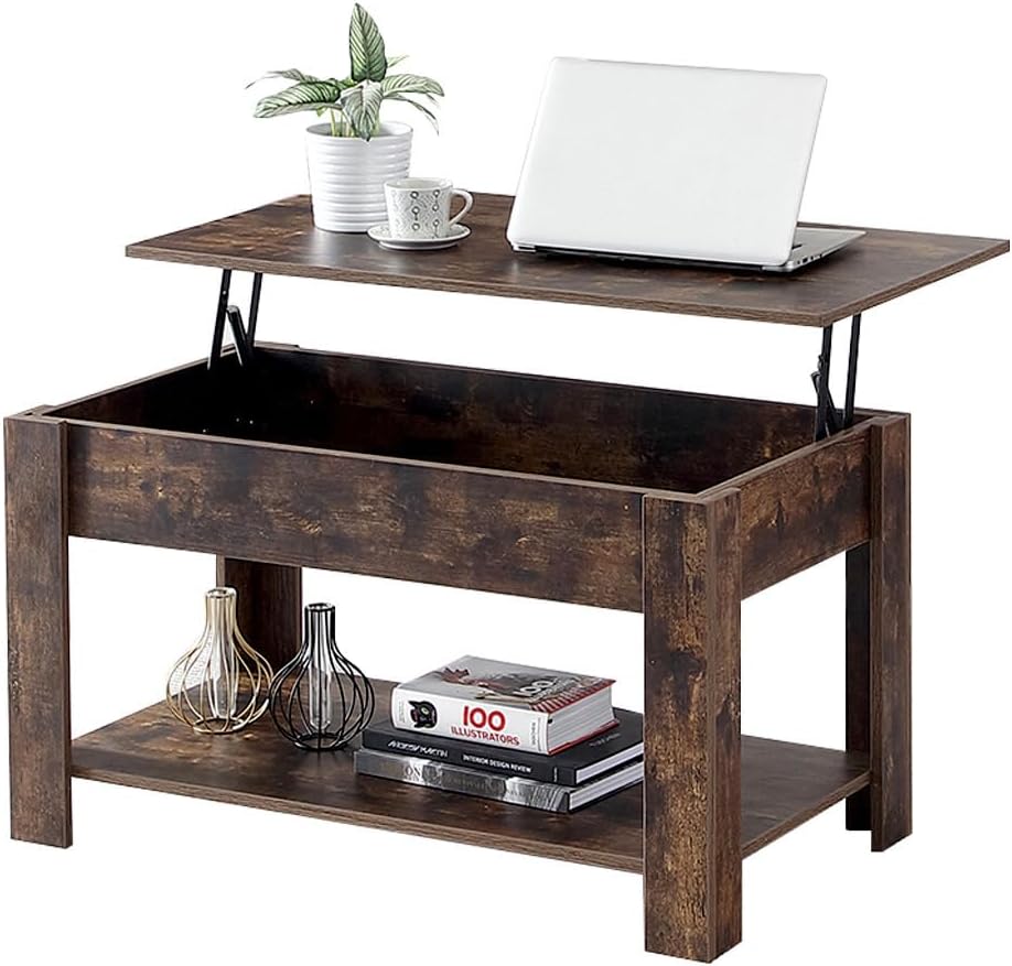 FUNROLUX ローテーブル 昇降式 コーヒーテーブル センターテーブル 収納棚付き 隠す収納 幅90×奥行50×高さ50-62.5cm 大容量収納空間 組み立て簡単 （ブラウン）