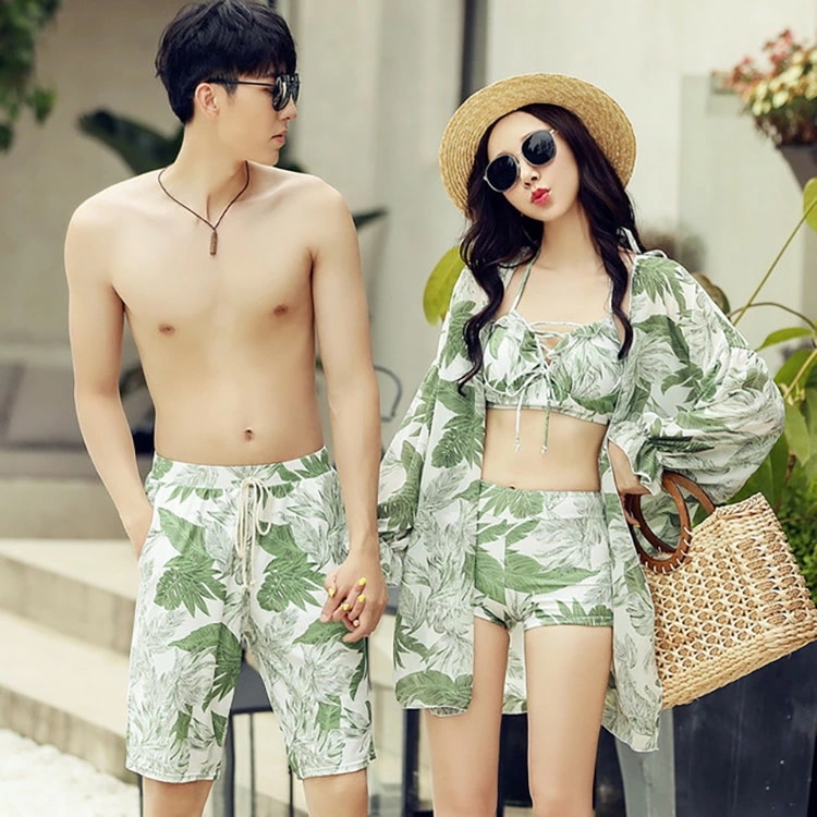 ペア 水着 カップル お揃い ペアルック 水着 羽織り付き 体型カバー 3点セット メンズ水着 男性用 ビーチパンツ サーフパンツ みずぎ mizugi ミズギ 男女 温泉 ハネムーン 蜜月 海外旅行