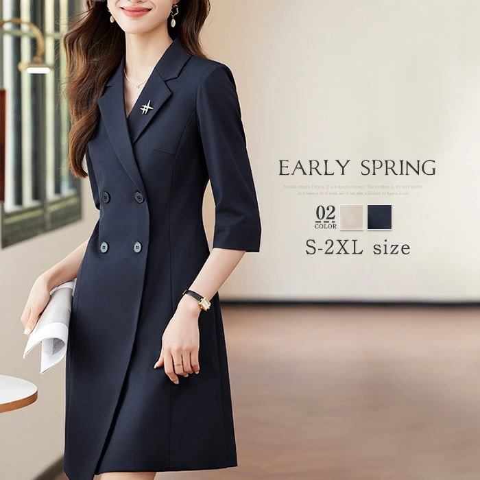 ワンピース レディース 春 秋 夏 ワンピーススーツ 膝丈ワンピース OL 春秋 7分袖 無地 きれいめ aラインワンピー aライン 大人 ファッション シンプル カジュアル フォーマル 卒園式 入