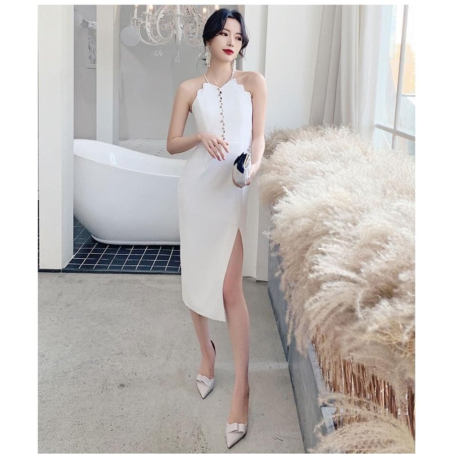 パーティードレス ホルターネック ミモレ丈ドレス ウエディングドレス 10代 20代 30代 40代