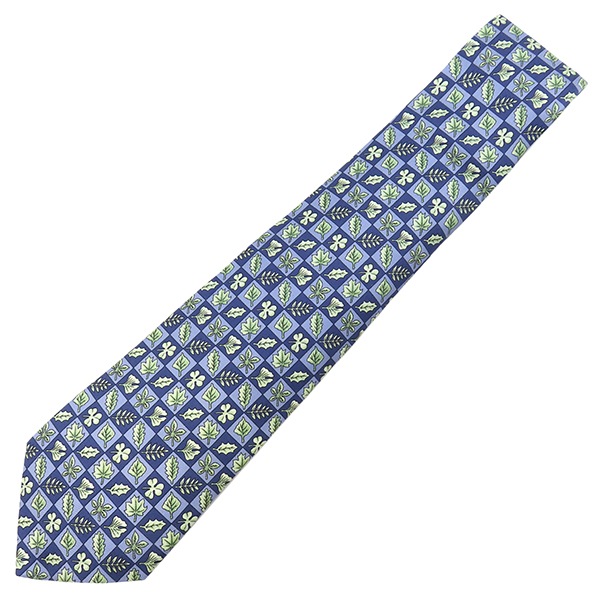 エルメス ネクタイ 総柄 9cm シルク ネイビー×ブルー 市松模様 葉っぱ リーフ柄 【中古】