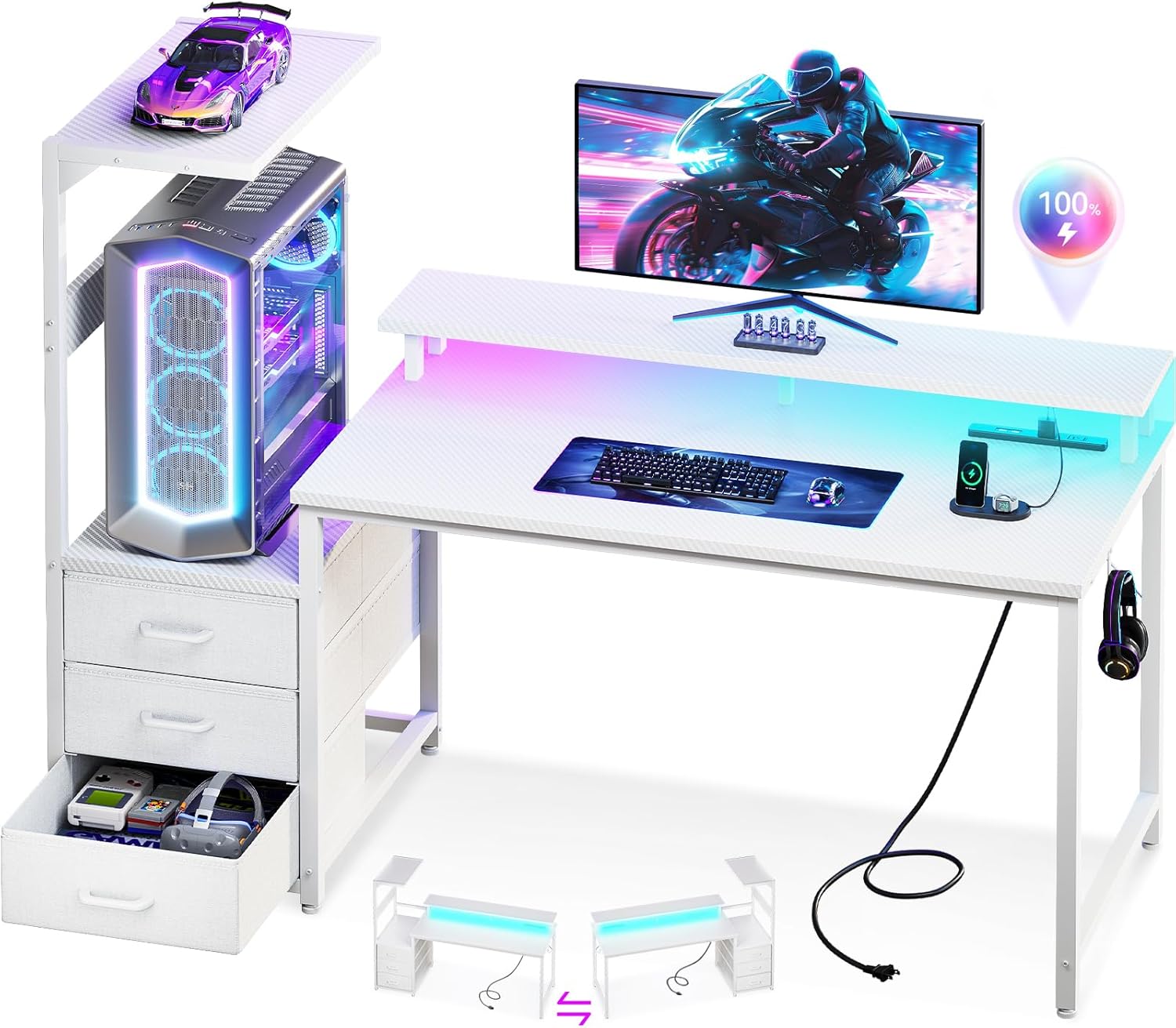 AODK ゲーミングデスク パソコンデスク コンセント&LED付き 幅130cm 机 pcデスク ゲームデスク 引き出し＆モニター台付き ゲーミングテーブル 棚付き