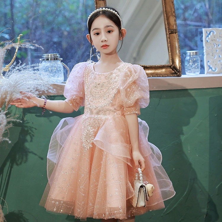子供ドレス ピンク 女児ドレス パフスリーブ 可愛いドレス スパンコール キラキラドレス 女の子ドレス キレイめ ミディアム丈ドレス キッズドレス 誕生日 七五三ドレス ピアノ発表会 演奏会ドレス フ