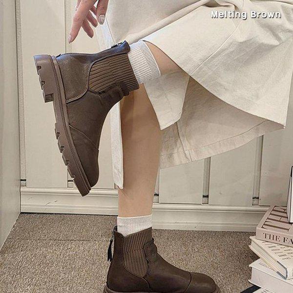 女性ラウンドトゥ ニットコンビ ショートブーツ SS06
