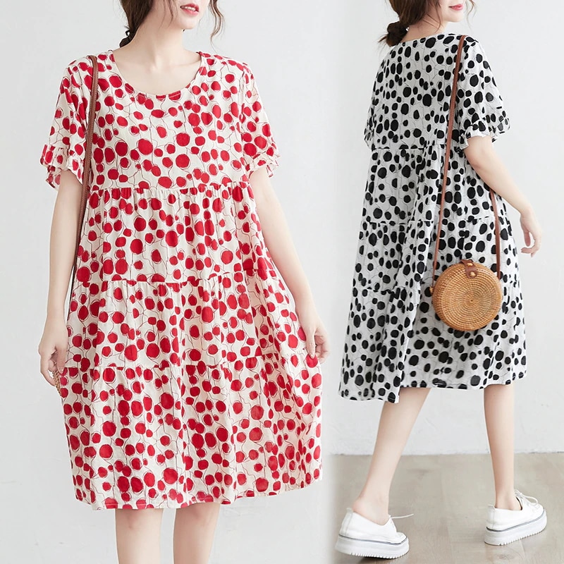 ロングワンピース新作文芸ゆとり大きいサイズの夏服着痩せプリントシアーシャツ マタニティウェアワンピース