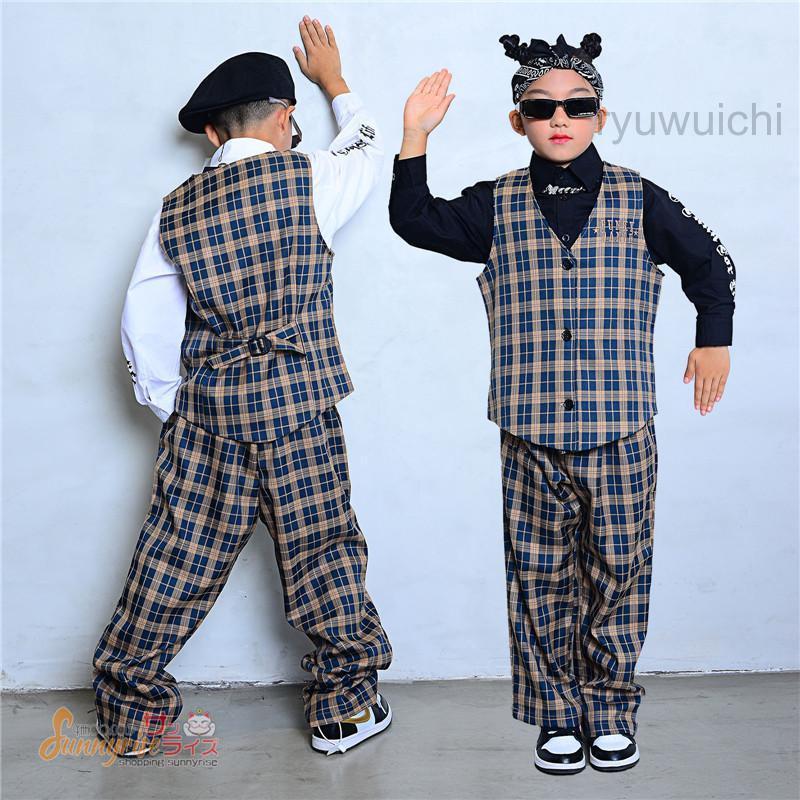 キッズ ダンス衣装 ヒップホップ チェック柄 ベスト ロングパンツ 女の子 HIPHOP 舞台服 K-POP ステージ衣装 練習着 演出服 応援団 舞台衣装