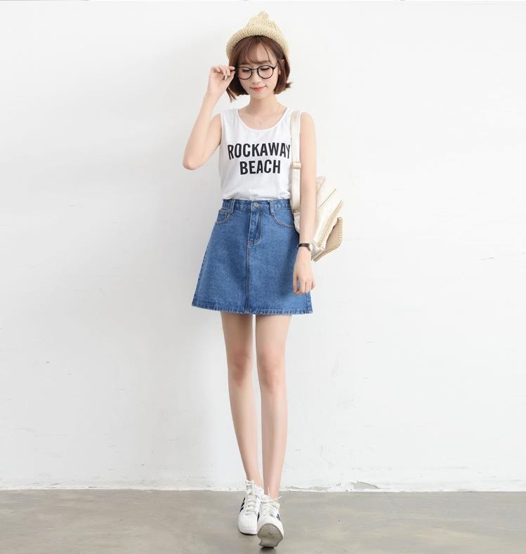 3155.ミニ丈 カジュアルなAラインデニムスカート（ミディアムブルー）2019 春夏 ミニスカ シンプル 無地 お出かけ