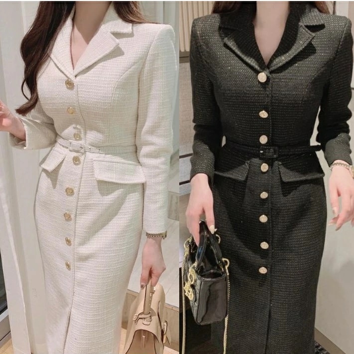 6月の新製品期間限定オファー ツイード ワンピース タイト 入学式 卒業式 入園式 卒園式 フォーマル 韓国 レディース 無地 襟 春 秋 冬 長袖 ロング丈 ミモレ丈 可愛い セミフォーマル きれい