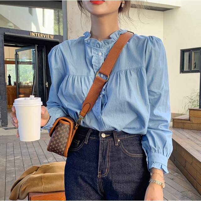 レトロ風 トップス シャツ ブラウス 春 秋 かわいい きれいめ カジュアル レギュラー丈 長袖 パフスリーブ フリル袖 キャンディスリーブ ぽわん袖 フリルカラー スタンドカラー ボトルネック フレ