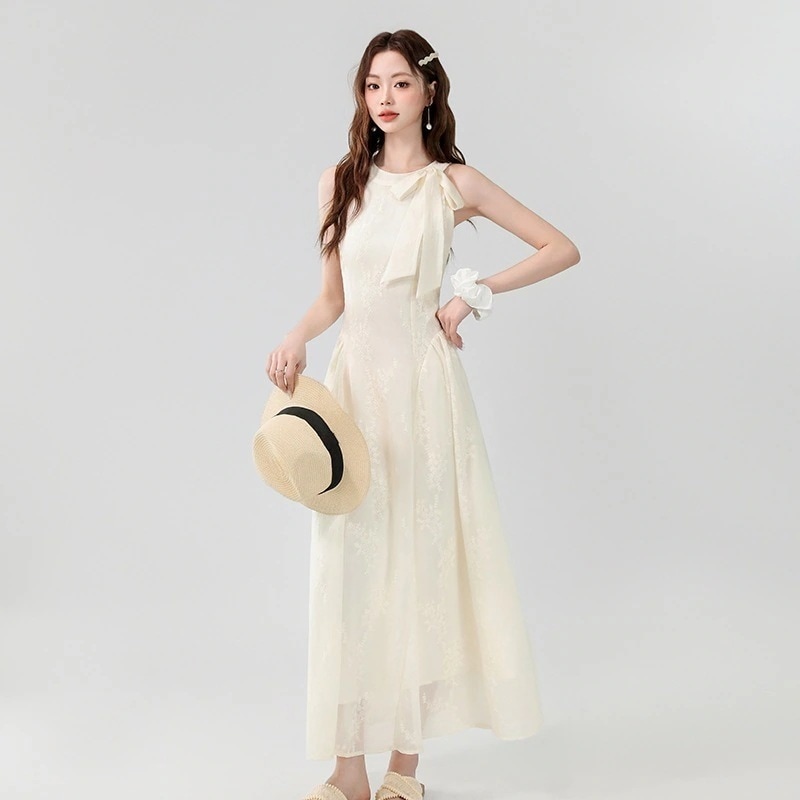 【急速発送】ドレス優しい杏色優雅な減齢ノースリーブリボンレース刺繍ロング丈ワンピース 夏秋の万能アイテム