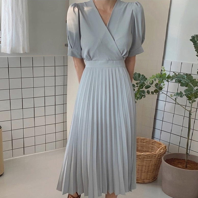 ワンピース レディース カシュクールプリーツワンピース 半袖 ロング丈 ドレス Vネック パフスリーブ ミモレ丈 プリーツ スカート ウエストマーク グリーン イエロー 大人可愛い きれいめ 上品