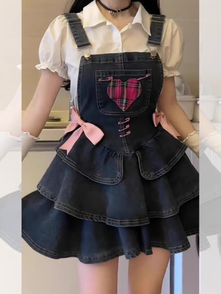 大きいサイズの可愛いデニムサスペンダースカート女性用夏の万能ケーキ型のスカートプリーツミニスカート