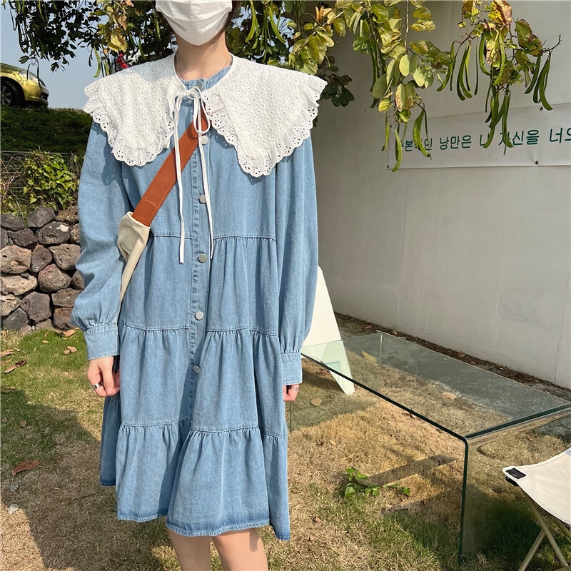 ワンピース レディース デニムワンピース M L XL 2XL 3XL 4XL 韓国 膝丈 ひざ丈 長袖 ティアード デニム かわいい 大人可愛い シンプル カジュアル フェミニン おしゃれ おとな