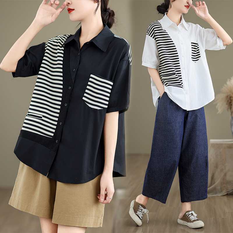 人気しま上着夏の新型韓国るい白黒縞は半袖の大きなシャツ