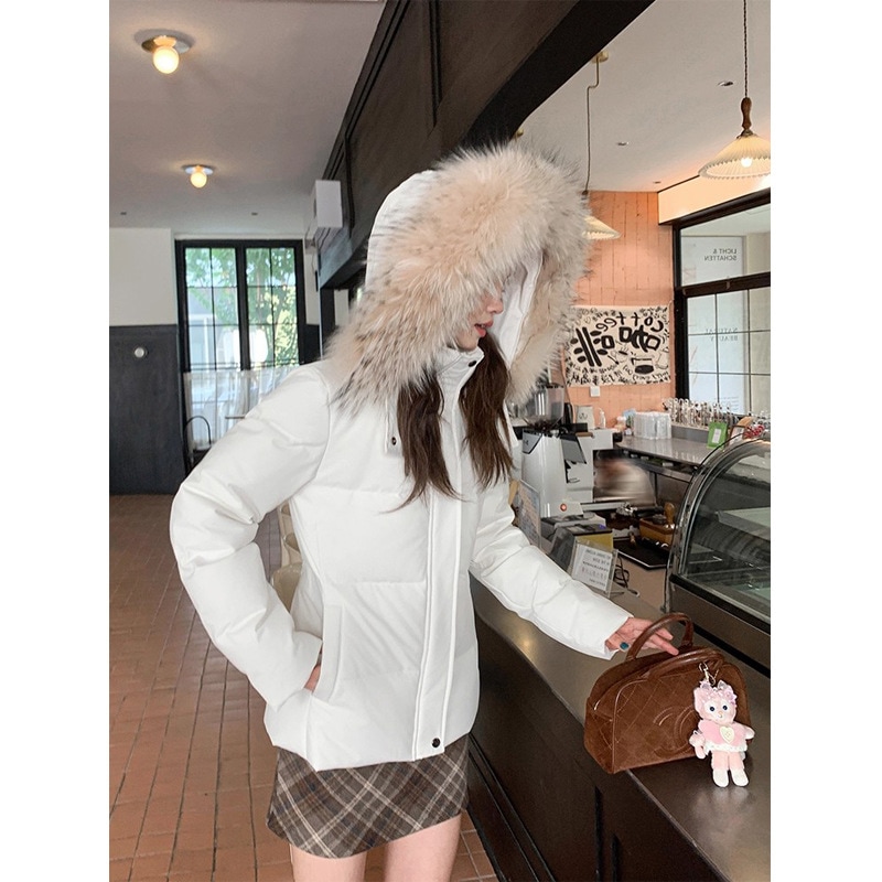 2025年新作レディース冬用ショートダウンジャケットラクーンファーカラースリムフィット小柄な体型にも似合う