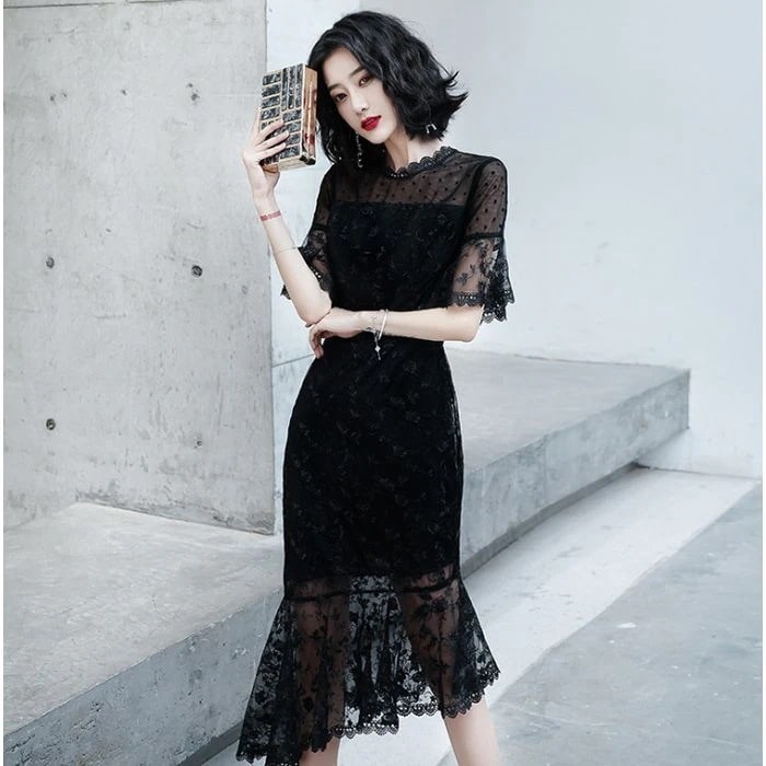 パーティー 海外 半袖 人気 ひざ丈 ぽっちゃり 太め 卒業式 袖あり フリル スタンドカラー