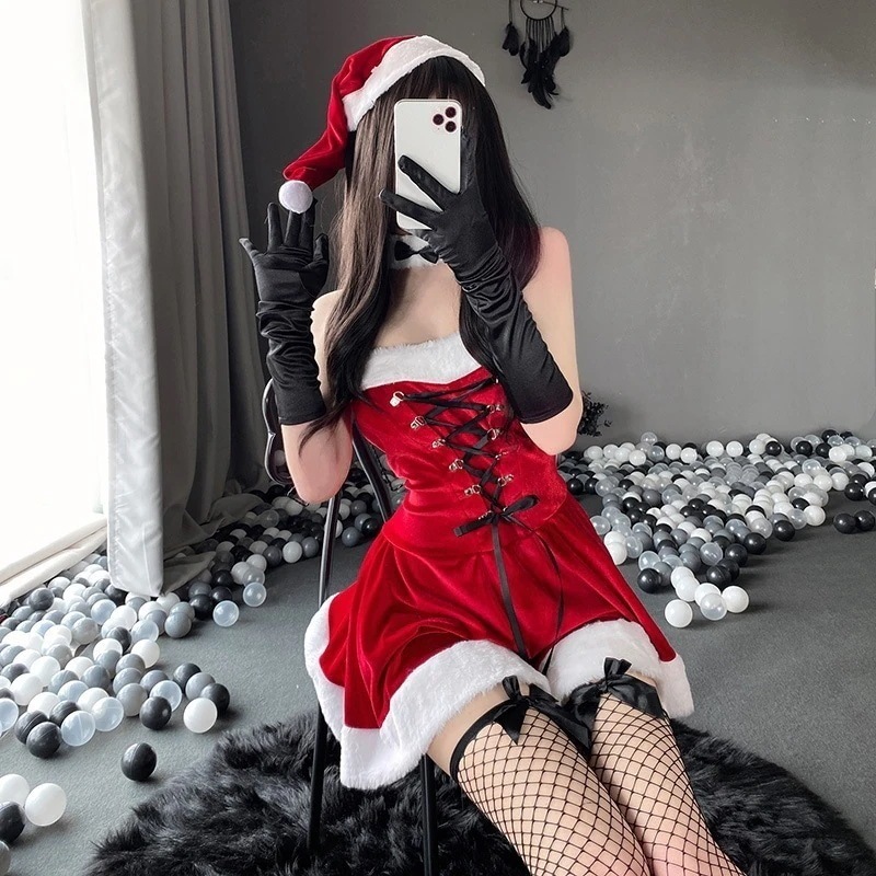 クリスマスコフレ サンタコスプレ 新作 冬 クリスマス ワンピース サンタクロース クリスマスプレゼント セットアップ サンタ ハイウエスト 新年 ワンピ