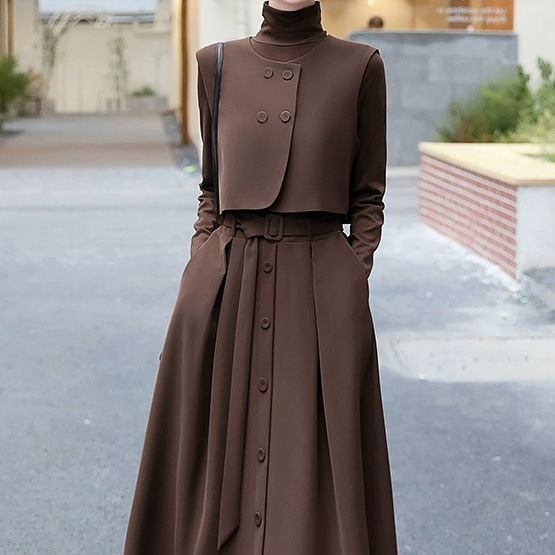 レディース 2点セット トップス ワンピース ベスト ジレ ミディアム丈 フレアワンピース 長袖 タートルネック タイト ウエストベルト 袖なし ショート丈 かわいい 大人可愛い シンプル