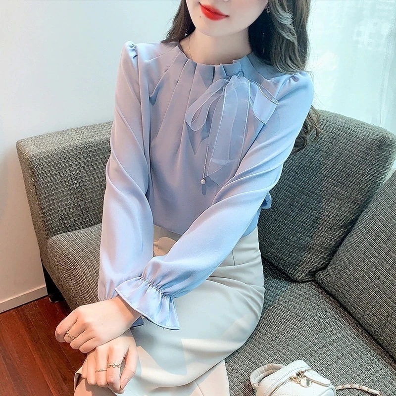 春新品シャツトップスオフィス通勤Tシャツシフォン韓国ファッション可愛い 長袖 ラウンドネック無地レディースゆったり