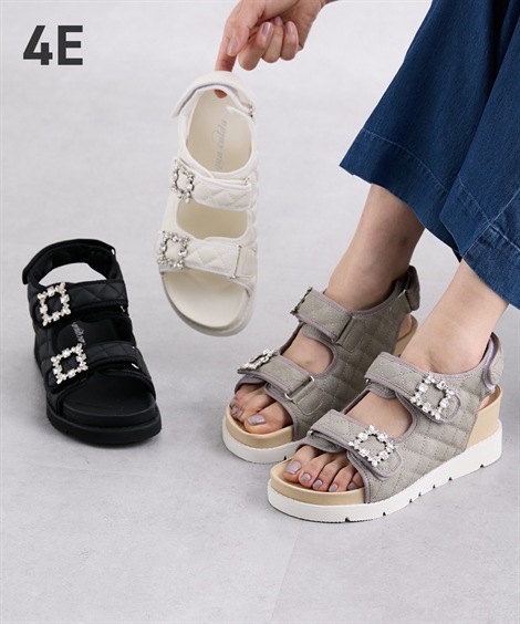 ストラップ ゆったり幅広 キルティングウェッジサンダル ワイズ４Ｅ