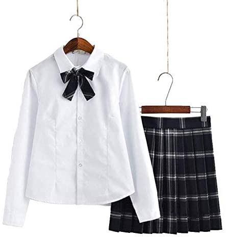 JK 女子高生 コスプレ 制服 長袖ワイシャツ＋リボン＋チェックスカート (Ｓ, ネイビー