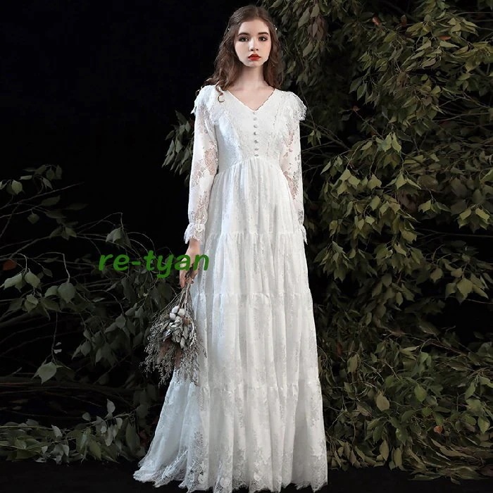 ウエディングドレス レース 二次会 スレンダー2次会 結婚式 花嫁袖ありブライダル エンパイアライン