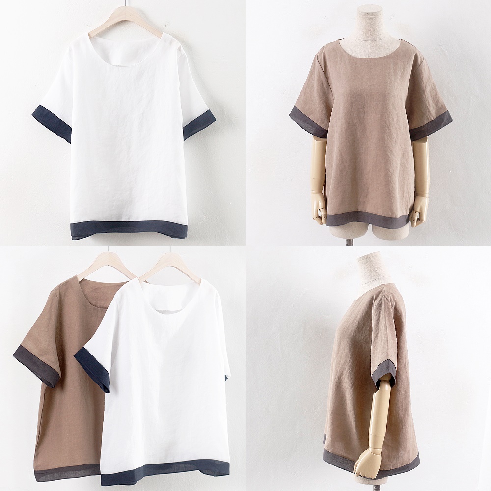 韓国ファッション大きいサイズWWリネン配色帯-BL（0304RH807）ビッグ女性服ロングルーズフィット korea fashion bigsize