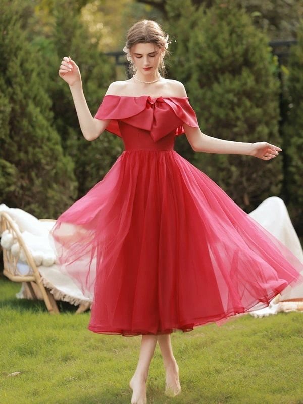 カラードレス ウェディングドレス ウエディングドレス イブニングドレス レッド Aラインドレス オフショルダー ミモレドレス 発表会 演奏会 結婚式 二次会 花嫁パーティードレス ロングドレス カクテ