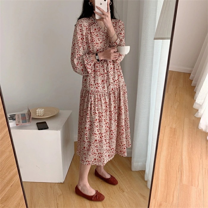 シフォンワンピース ワンピース 夏 レディース ロングワンピース 長袖 赤い きれいめ 体型カバー 夏 マタ二ティ ワンピース 花柄 ロング 着痩せ 可愛い Aライン 春夏 旅行 デート