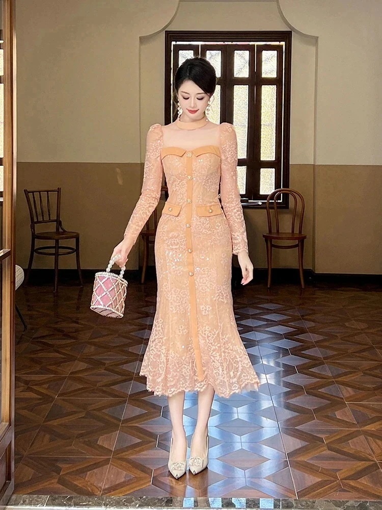 【送料無料】披露宴 同窓会 卒業式 秋冬 大人 レースワンピース 結婚式 ウェディング 演奏会 着痩せ ドレス 二次会 キャバ パーティードレス