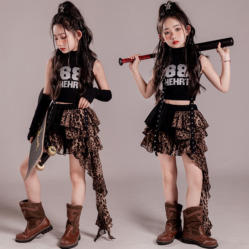 トレンディな女の子ヒップホップヒョッププリントスカートトレンディ韓国スタイルキャットウォークトップチルドレンジャズダンスパフォーマンスコスチューム