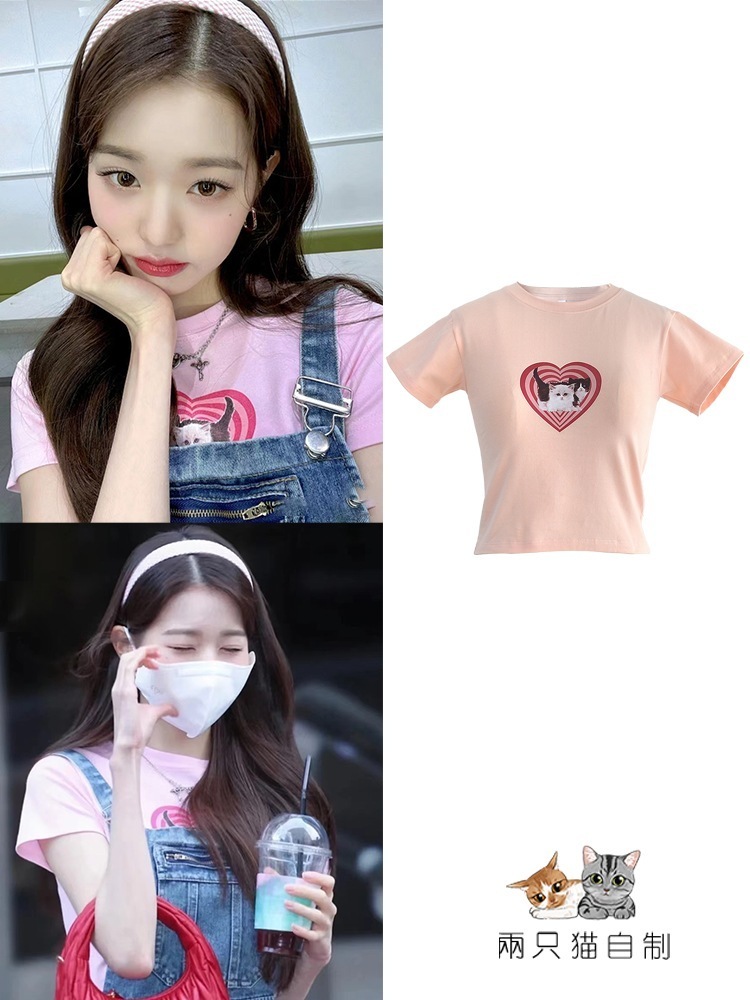 張元英トップス恋人猫プリント半袖tシャツスーパーショート