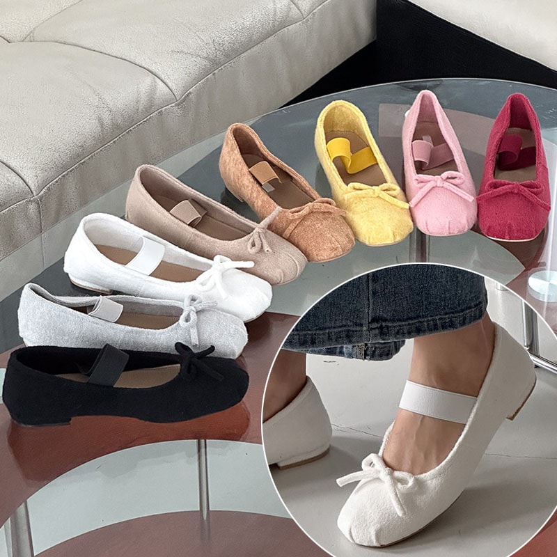 選べる8color 肌触りの良いパイル生地．タオル生地 甲バンディング付き．甲ゴムストラップ付き ラウンドトゥ リボン付き デイリー ローヒール バレエシューズ．フラットシューズ